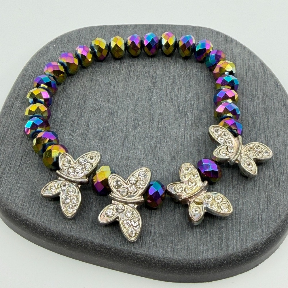 Butterfly Beaded Stretch Bracelet Iridescent Crystal Rhinestone Boho Festival